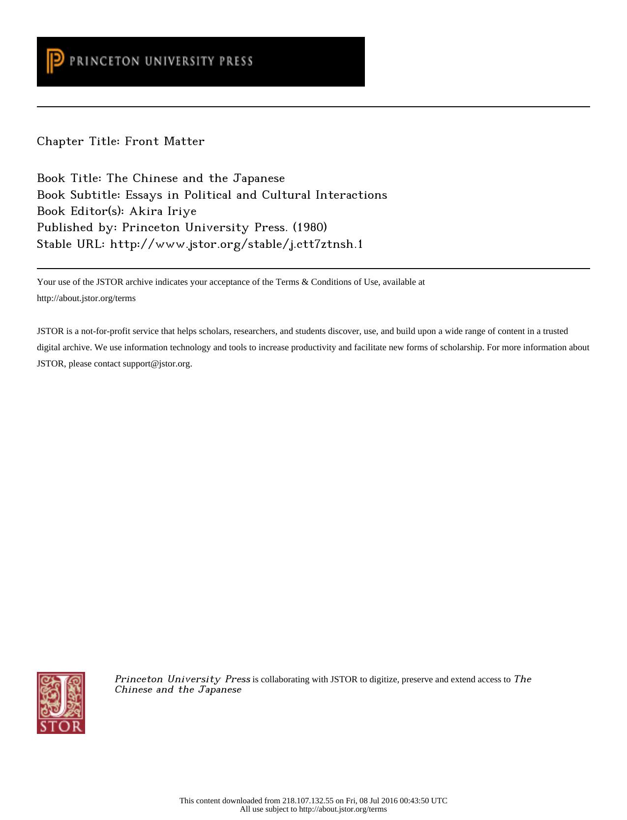 The Chinese and the Japanese: Essays in Political and Cultural Interactions by Akira Iriye