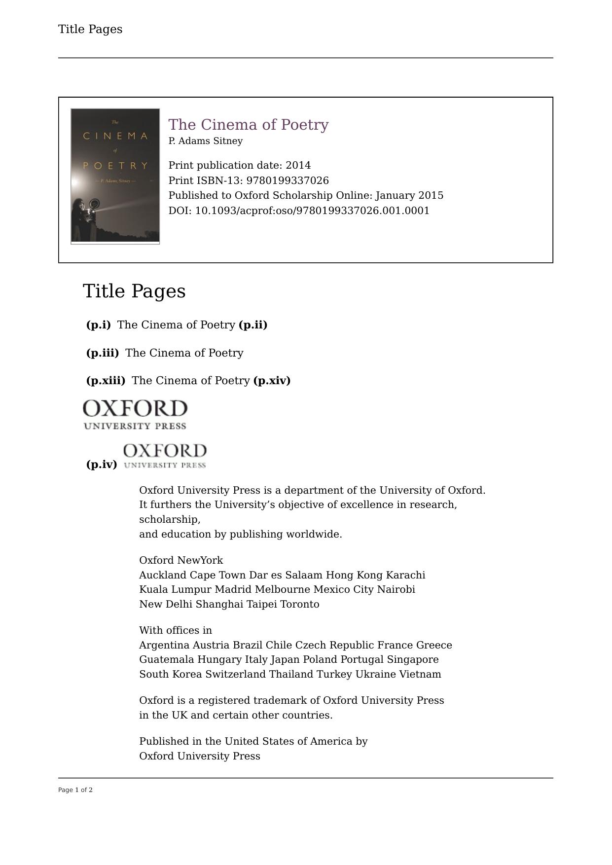 The Cinema of Poetry by P. Adams Sitney