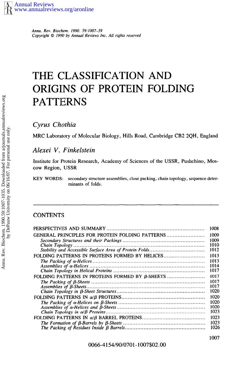 The Classification and Origins of Protein Folding Patterns by C Chothia & A V Finkelstein