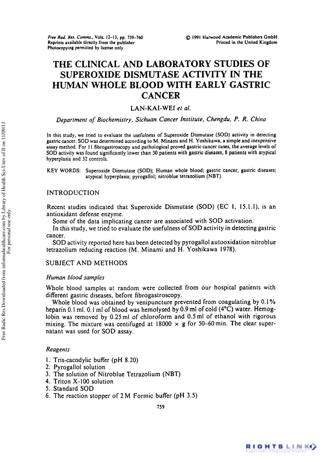 The Clinical and Laboratory Studies of Superoxide Dismutase Activity in the Human Whole Blood with Early Gastric Cancer by Lan-kai-wei