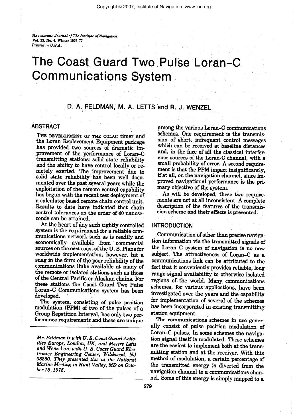 The Coast Guard Two Pulse Loran-C Communications System by D. A. FELDMAN M. A. LETTS and R. J. WENZEL
