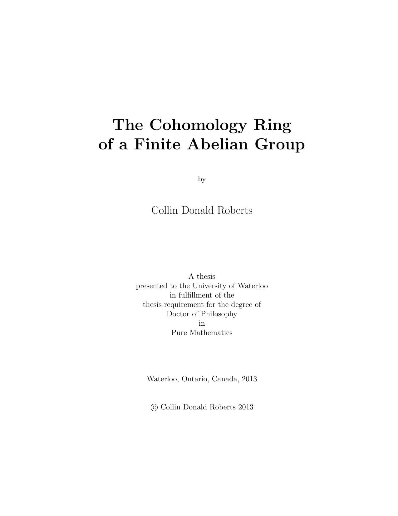 The Cohomology Ring of a Finite Abelian Group by Collin Donald Roberts