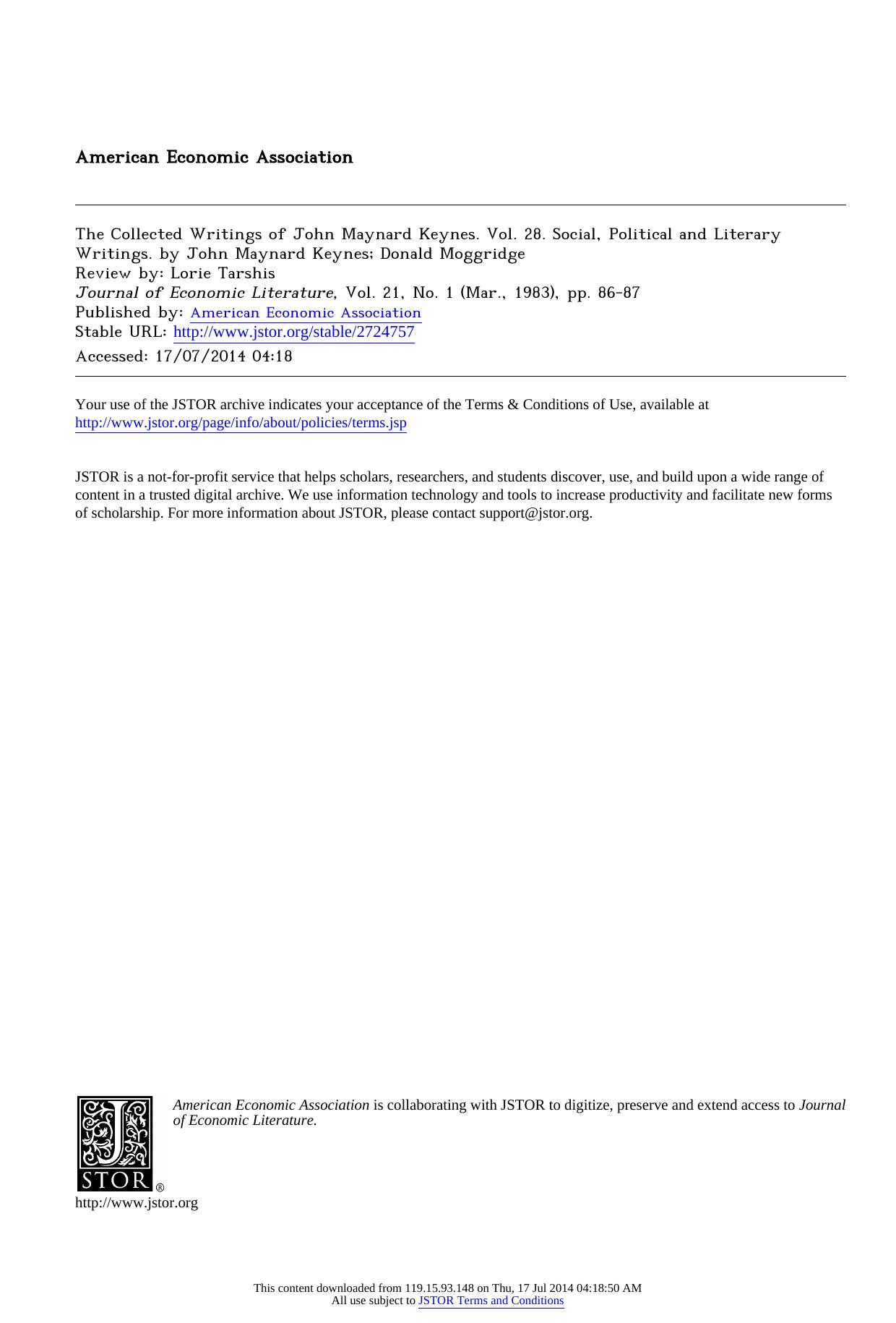 The Collected Writings of John Maynard Keynes. Vol. 28. Social, Political and Literary Writings. by John Maynard Keynes; Donald Moggridge by The Collected Writings of John Maynard Keynes. Vol. 28
