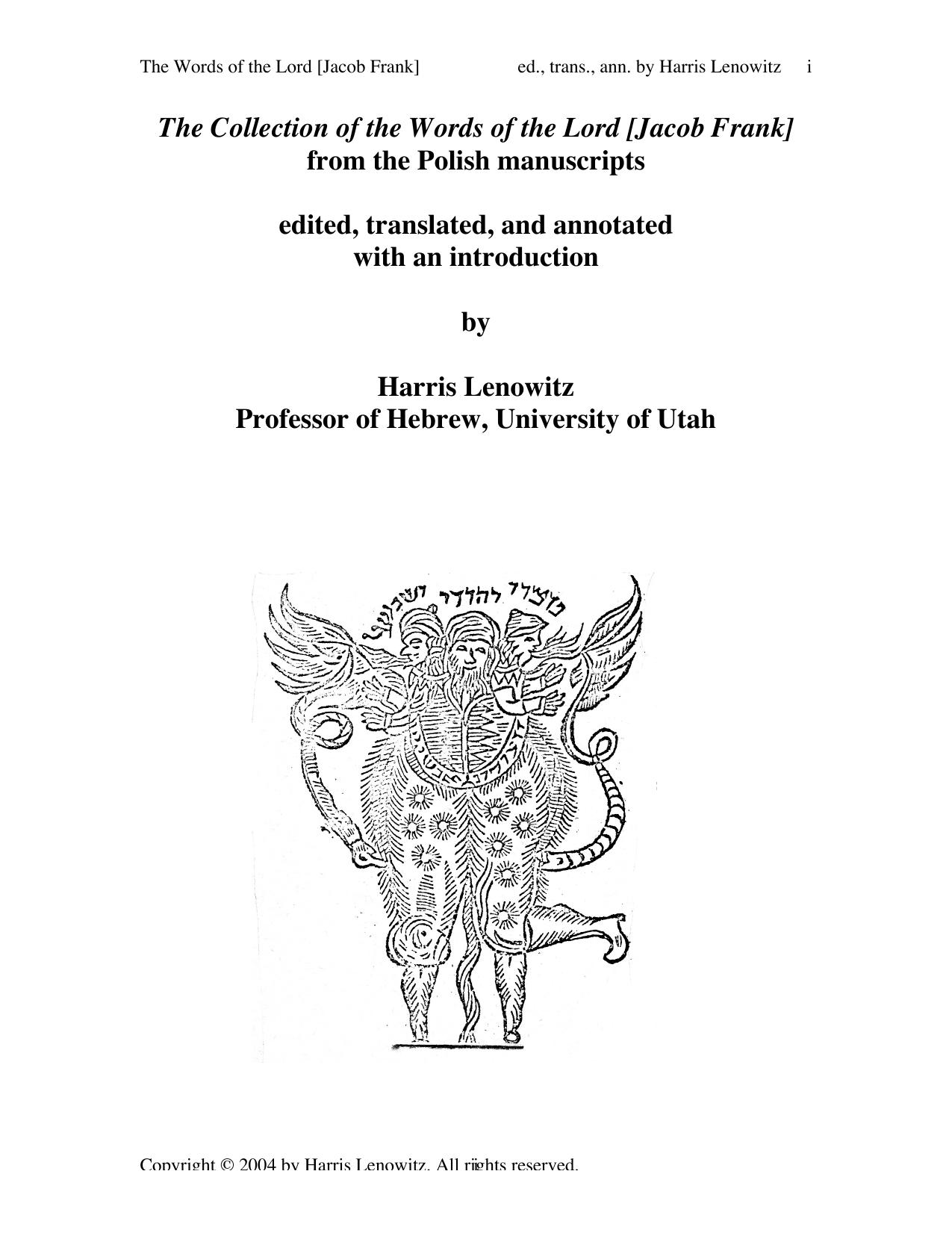 The Collection Of The Words Of The Lord Jacob Frank by Unknown