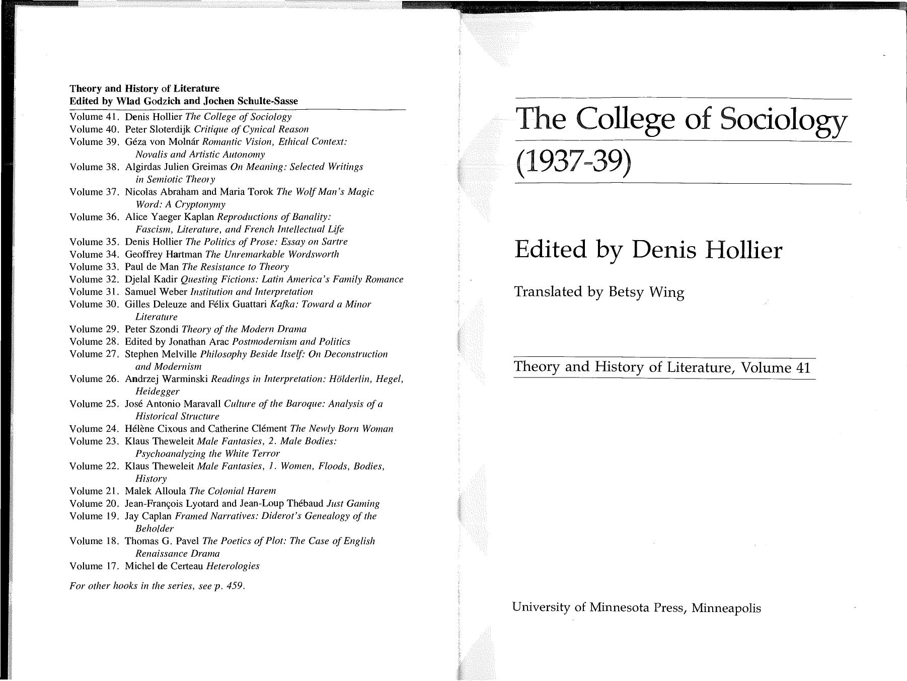 The College of Sociology (Theory and History of Literature) by Denis Hollier