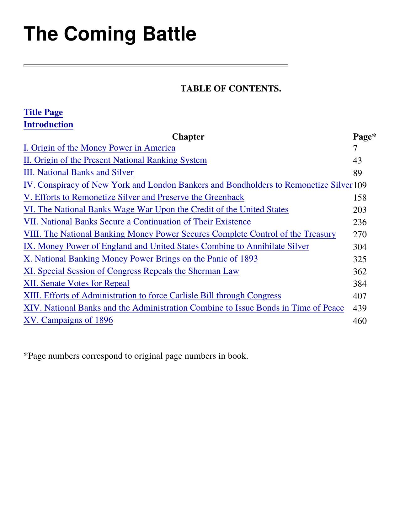 The Coming Battle, Table of Contents by Unknown
