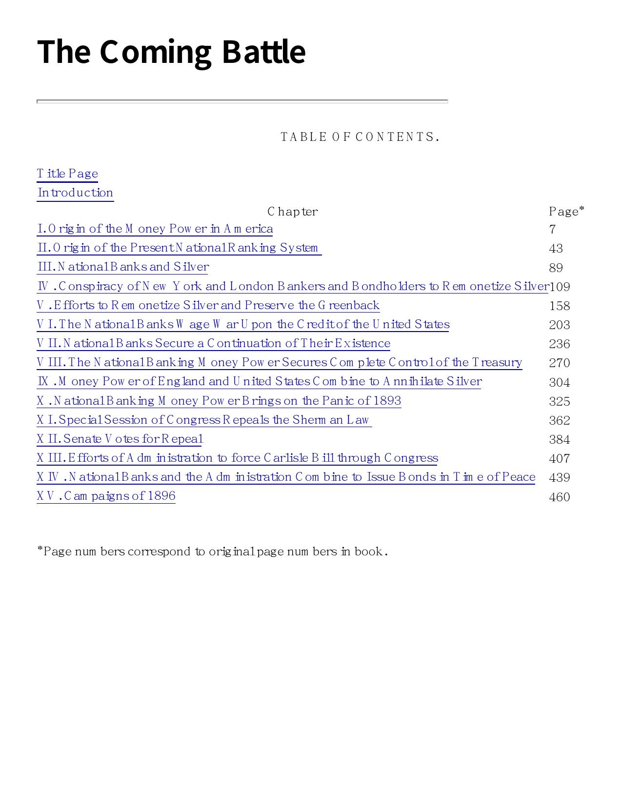 The Coming Battle, Table of Contents by Walbert 1899