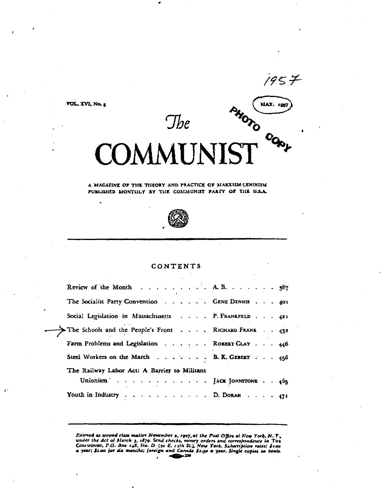 The Communist Magazine-Schools And The Peoples Front-1957-17pgs-EDU by Unknown