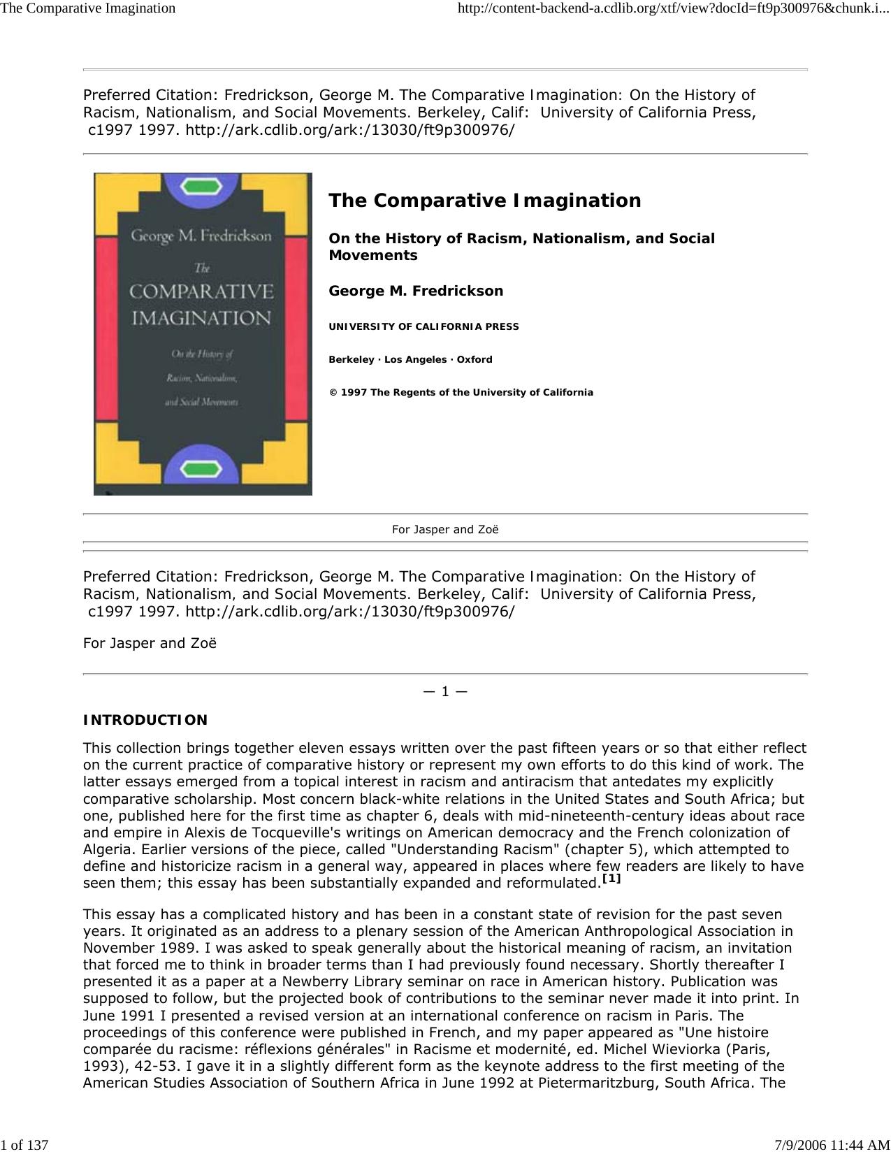 The Comparative Imagination: On the History of Racism, Nationalism, and Social Movements by George M. Fredrickson