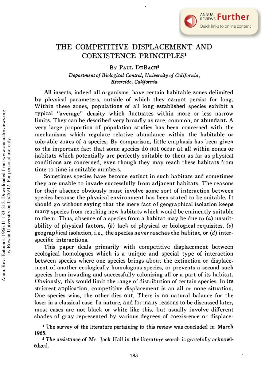 The Competitive Displacement and Coexistence Principles by P DeBach