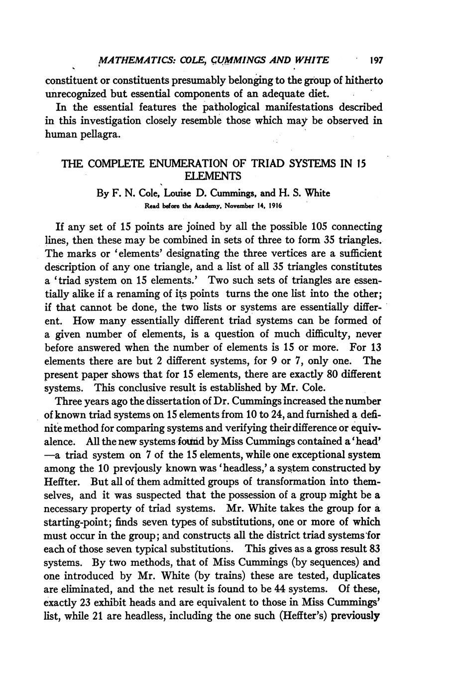 The Complete Enumeration of Triad Systems in 15 Elements by Cole F. N. Cummings L. D. White H. S