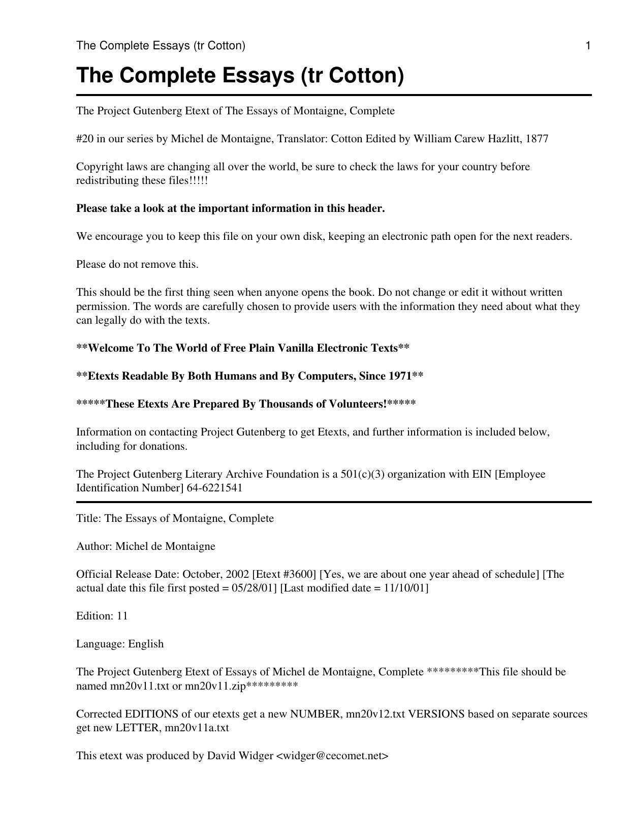 The Complete Essays by Montaigne Michel de