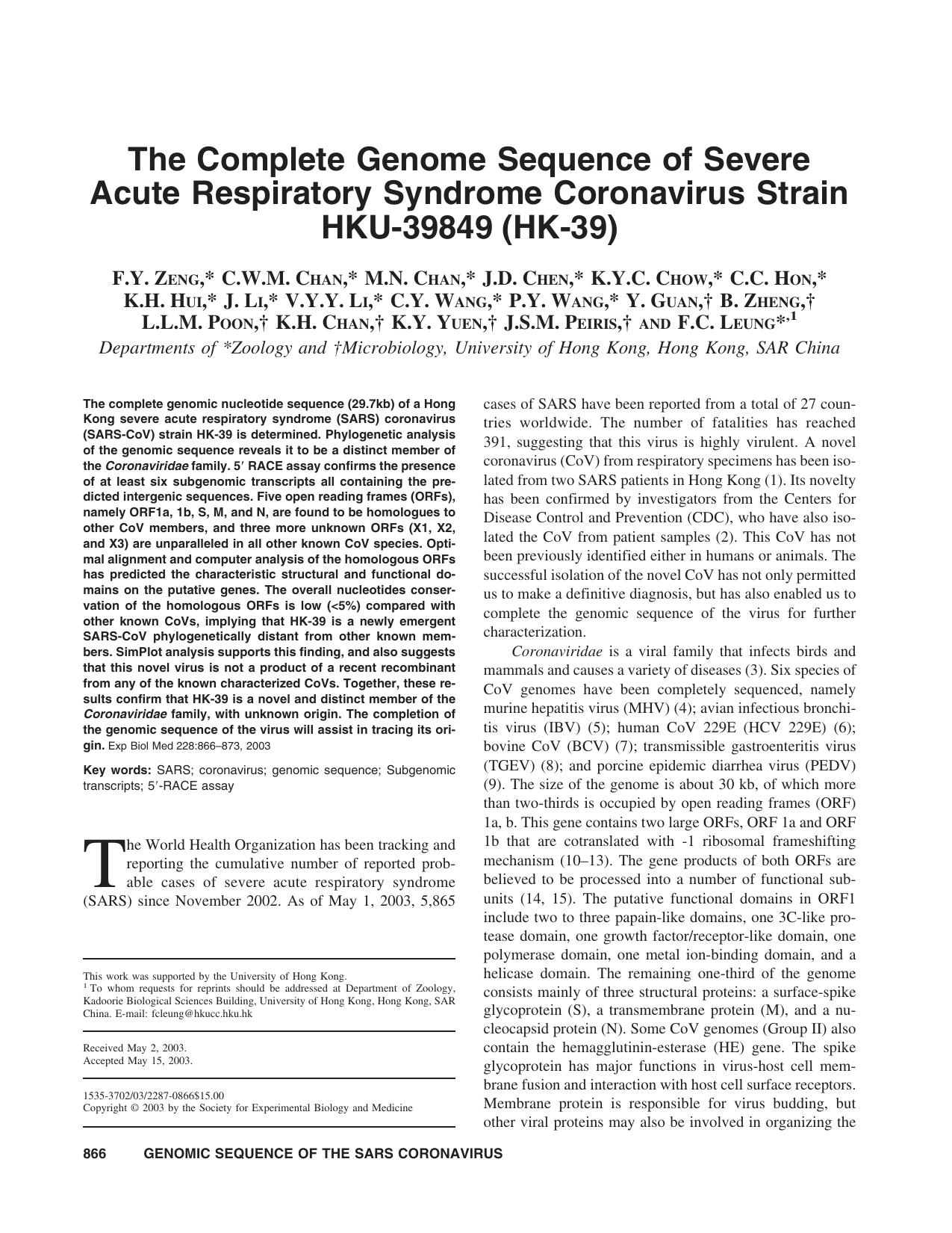 The Complete Genome Sequence of Severe Acute Respiratory Syndrome Coronavirus Strain HKU-39849 (HK-39) by unknow