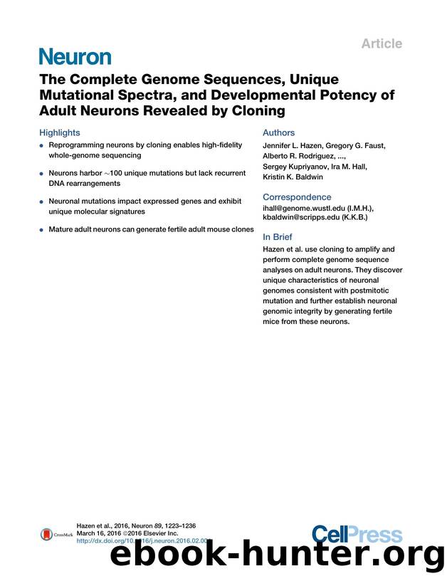The Complete Genome Sequences, Unique Mutational Spectra, and Developmental Potency of Adult Neurons Revealed by Cloning by unknow