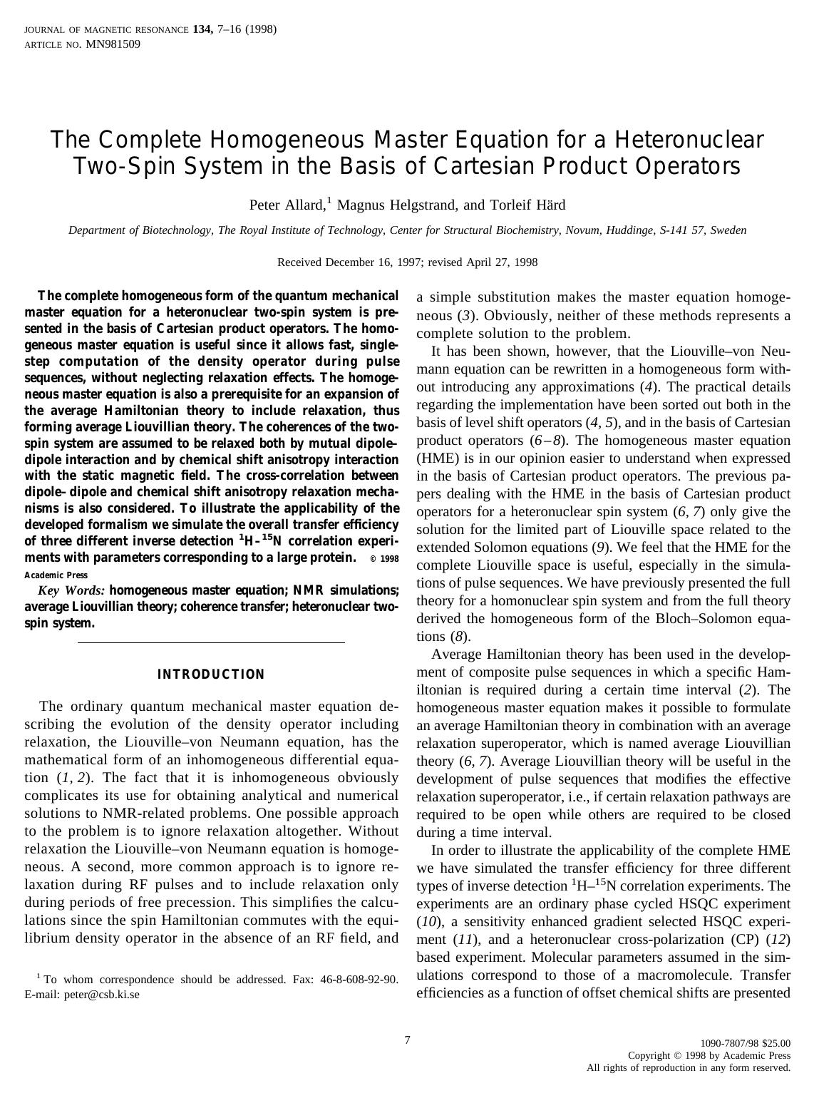 The Complete Homogeneous Master Equation for a Heteronuclear Two-Spin System in the Basis of Cartesian Product Operators by Allard P. et al