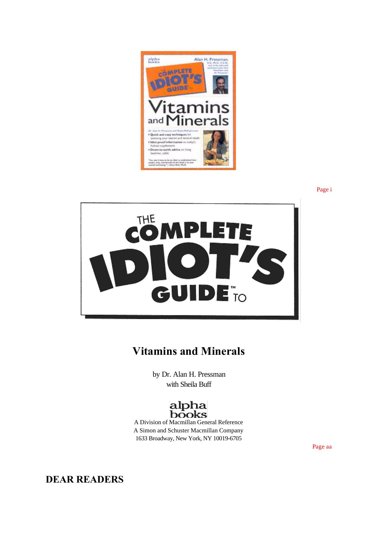 The Complete Idiot s Guide To Vitamins And Minerals by Alan H.; Buff Sheila Pressman