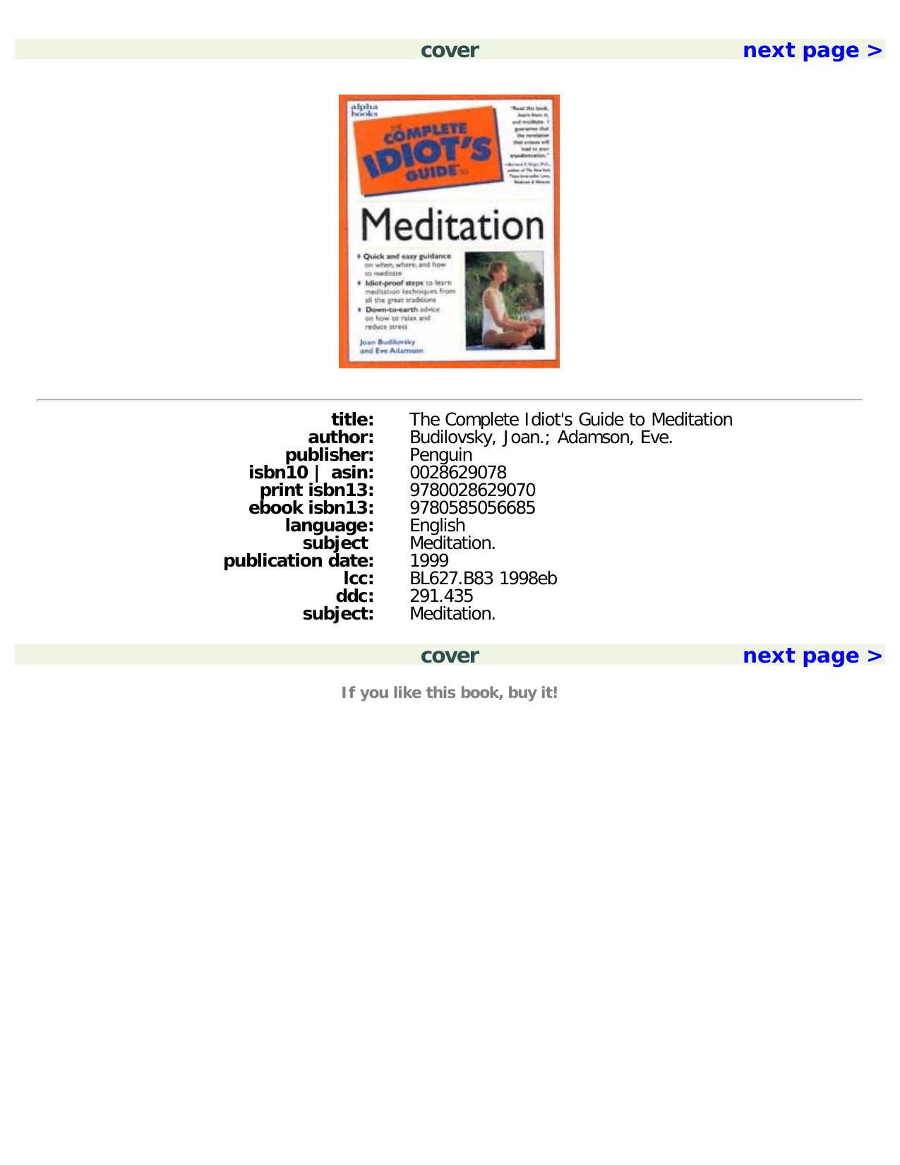 The Complete Idiot's Guide to Meditation by Joan Budilovsky Eve Anderson