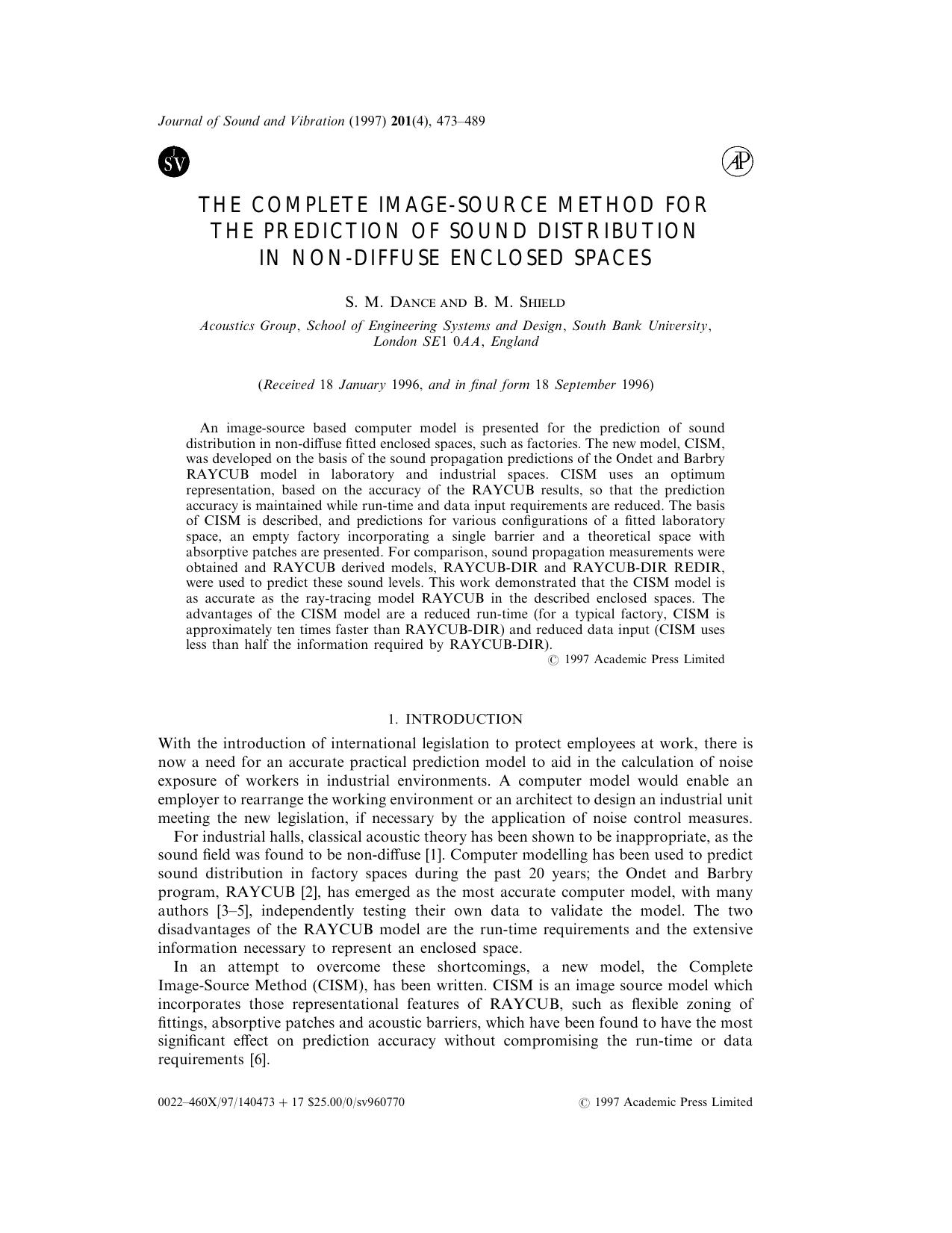 The Complete Image-Source Method for the Prediction of Sound Distribution in Non-Diffuse Enclosed Spaces by Dance S. M. & Shield B. M