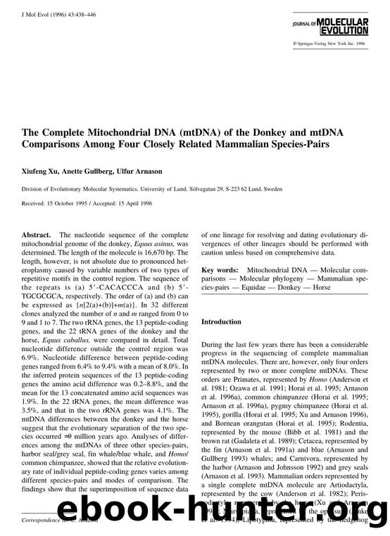 The Complete Mitochondrial DNA (mtDNA) of the Donkey and mtDNA Comparisons Among Four Closely Related Mammalian Species-Pairs by Xu Xiufeng et al