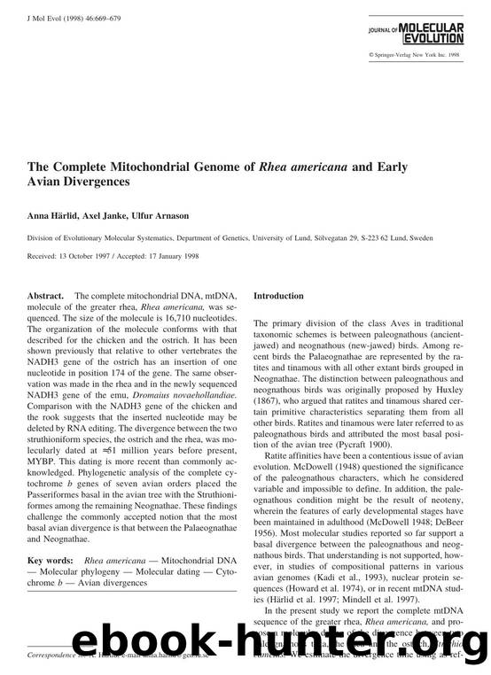 The Complete Mitochondrial Genome of Rhea americana and Early Avian Divergences by Harlid A. et al