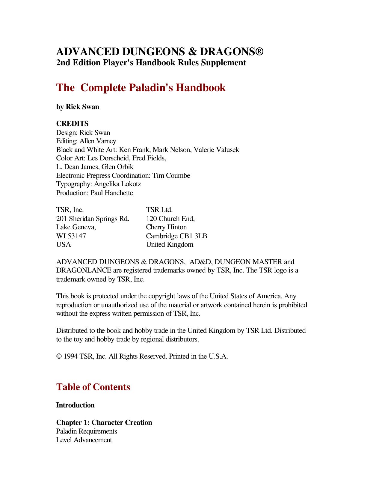 The Complete Paladin's Handbook by Unknown