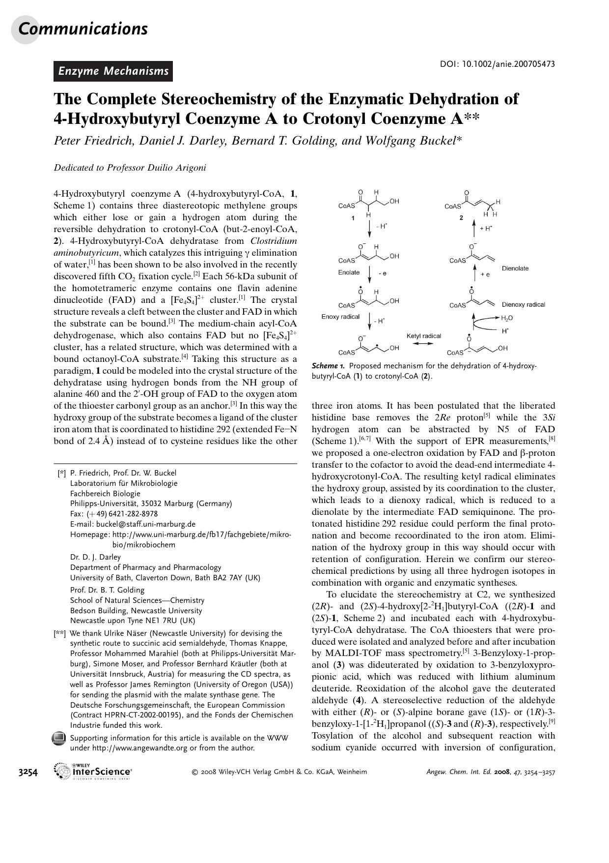The Complete Stereochemistry of the Enzymatic Dehydration of 4-Hydroxybutyryl Coenzyme[emsp14]A to Crotonyl Coenzyme[emsp14]A by Unknown