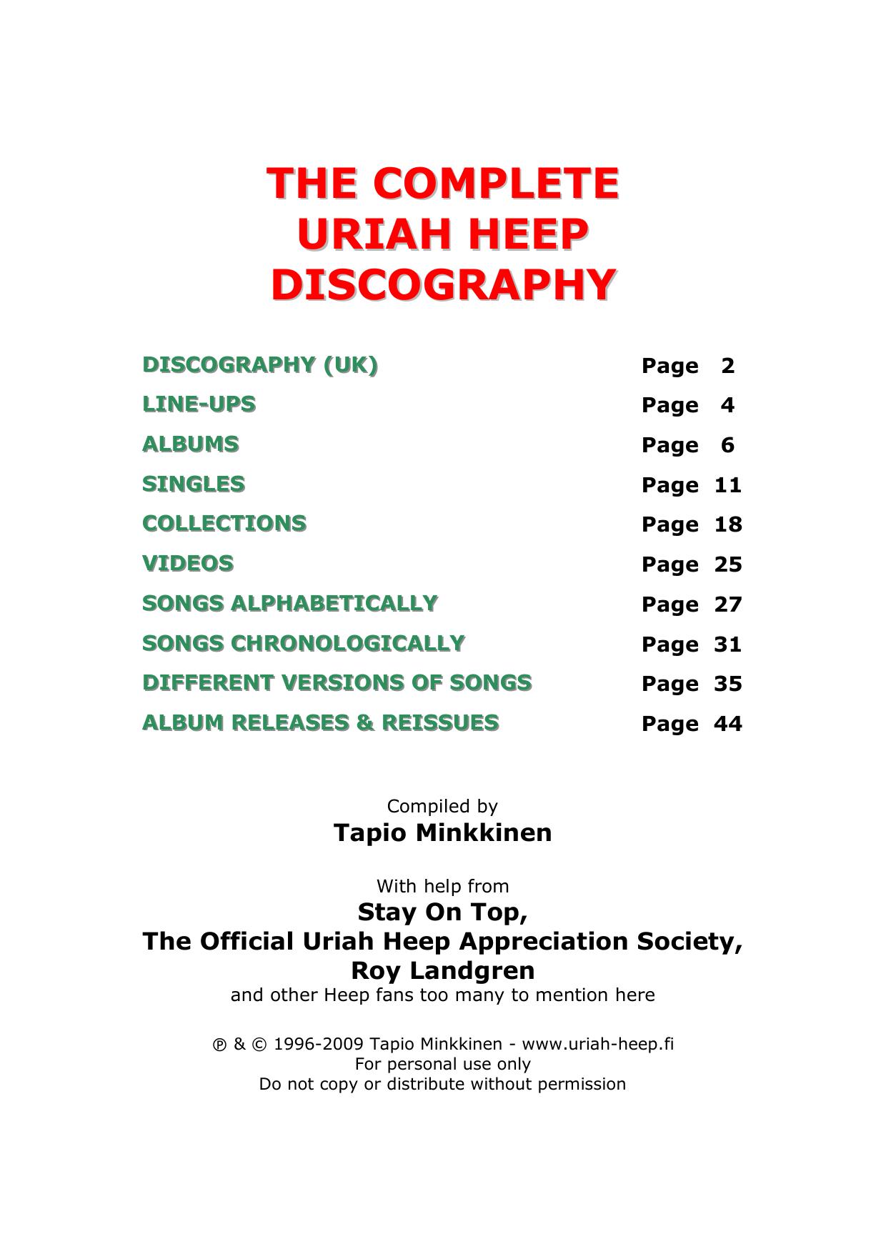 The Complete Uriah Heep Discography 1970 - 2008 by Tapio Minkkinen