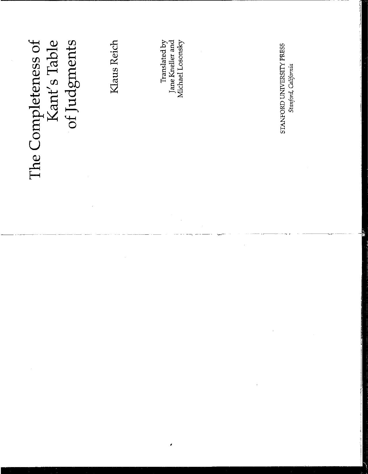 The Completeness of Kant's Table of Judgments (Studies in Kant and German Idealism) by Klaus Reich
