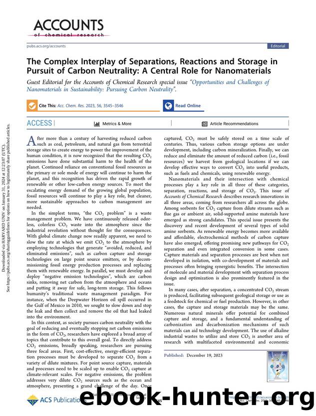 The Complex Interplay of Separations, Reactions and Storage in Pursuit of Carbon Neutrality: A Central Role for Nanomaterials by Christopher W. Jones Ah-Hyung Alissa Park & Paul Wright