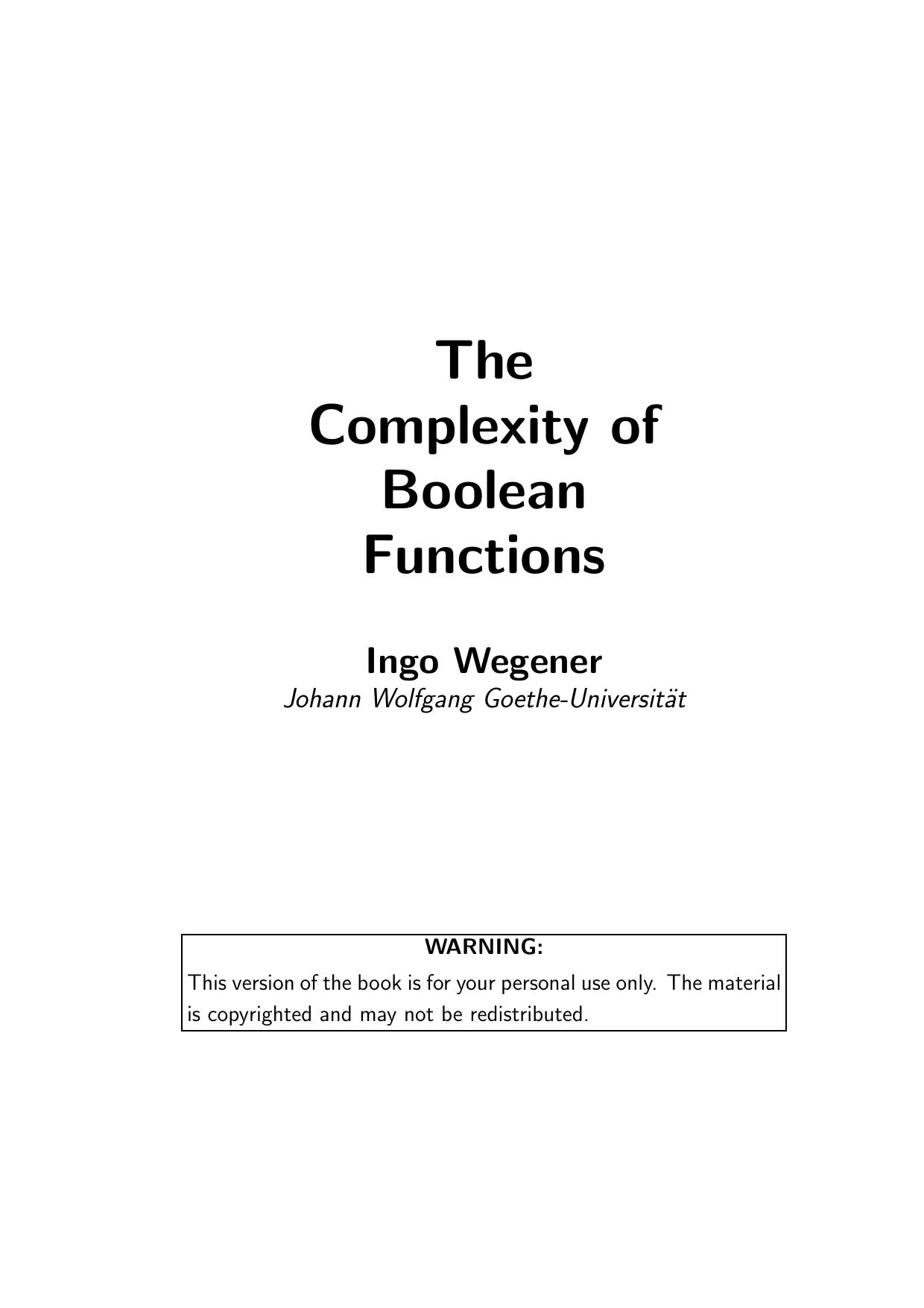 The Complexity of Boolean Functions by Ingo Wegener