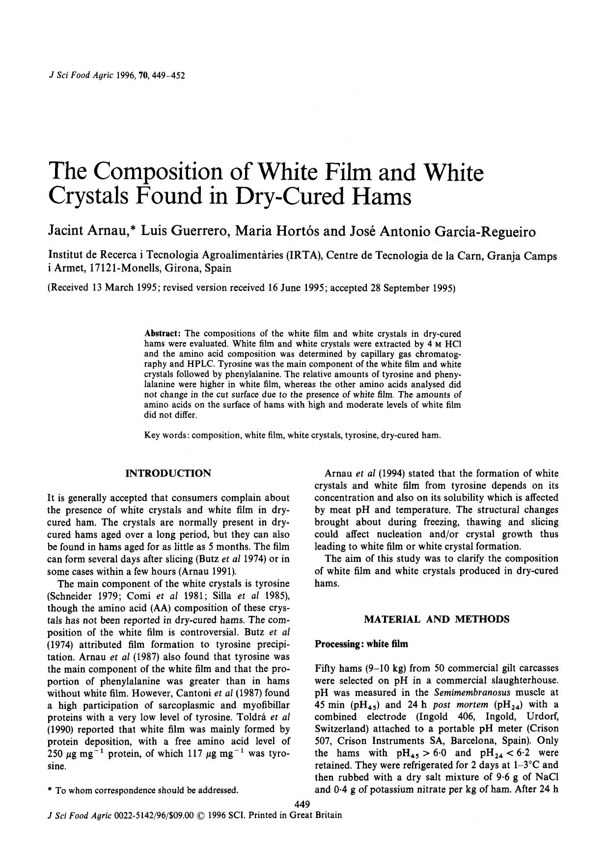 The Composition of White Film and White Crystals Found in Dry-Cured Hams by Unknown