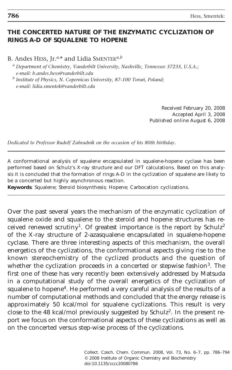 The Concerted Nature of the Enzymatic Cyclization of Rings A-D of Squalene to Hopene by B. Andes Hess Jr. & Lidia Smentek
