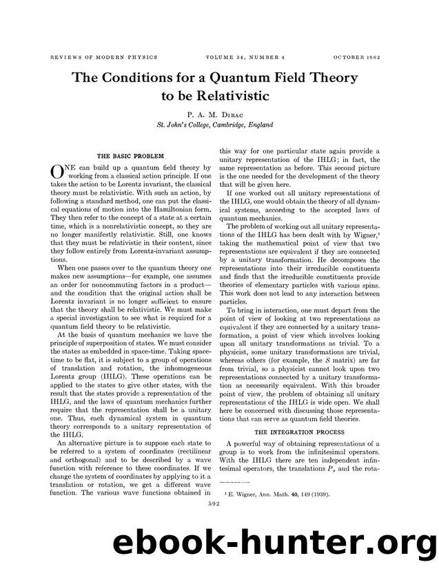 The Conditions for a Quantum Field Theory to be Relativistic by P. A. M. Dirac