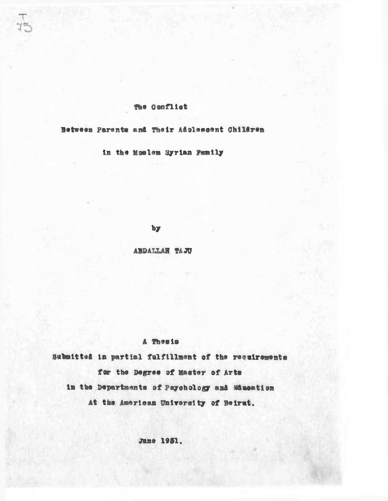 The Conflict Between Parents and Their Adolescent Children in the Moslem Syrian Family by Taju Abdallah