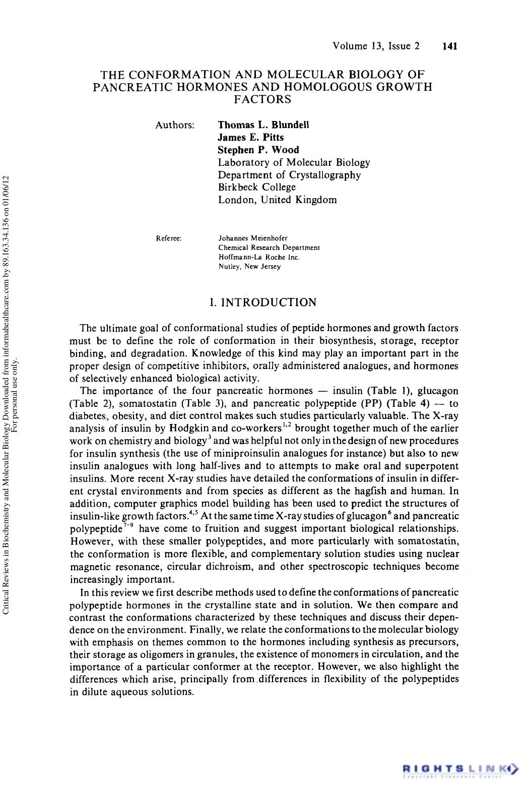 The Conformation and Molecular Biology of Pancreatic Hormones and Homologous Growth Factor by Thomas L. Blundell James E. Pitts & Stephen P. Wood