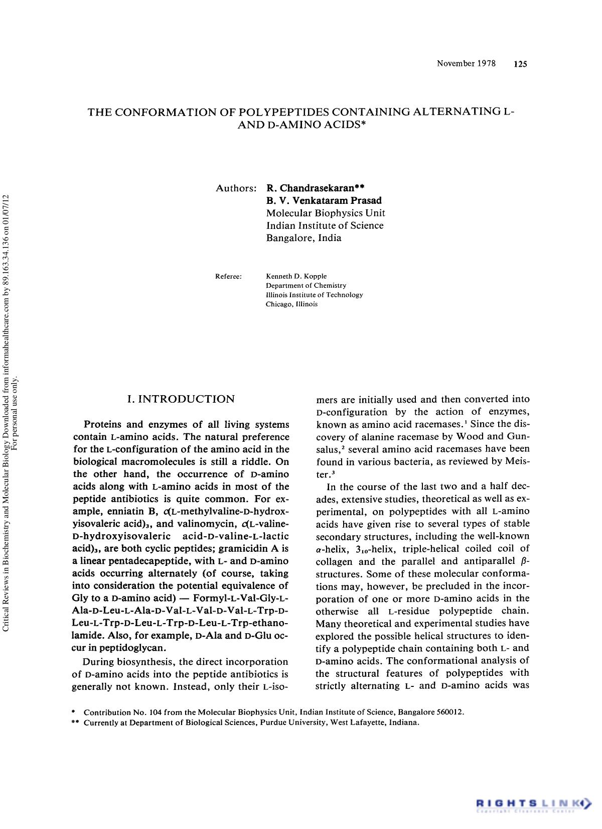 The Conformation of Polypeptides Containing Alternating l- and d-Amino Acids by R. Chandrasekaran1† B. V. Venkataram Prasad1 & Kenneth D. Kopple2