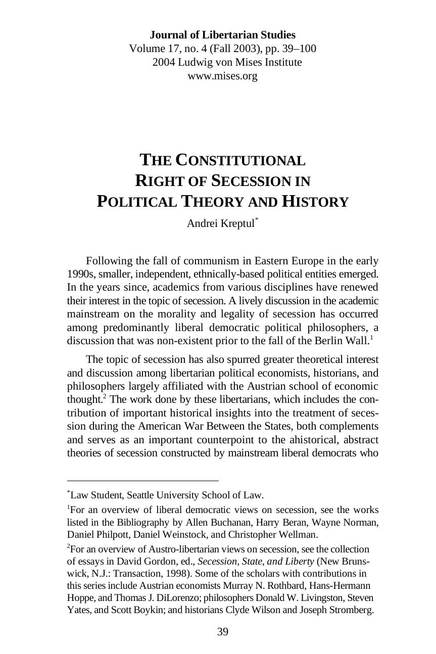 The Constitutional Right of Secession in Political Theory and History by Andrei Kreptul