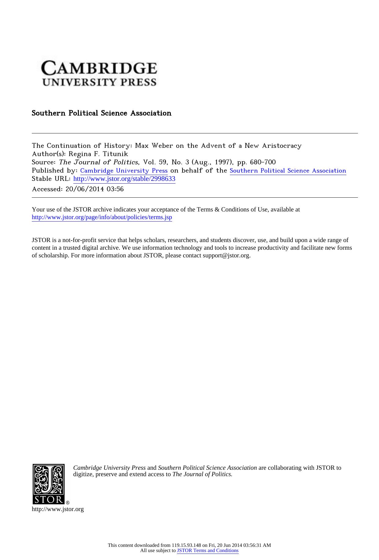 The Continuation of History: Max Weber on the Advent of a New Aristocracy by Unknown