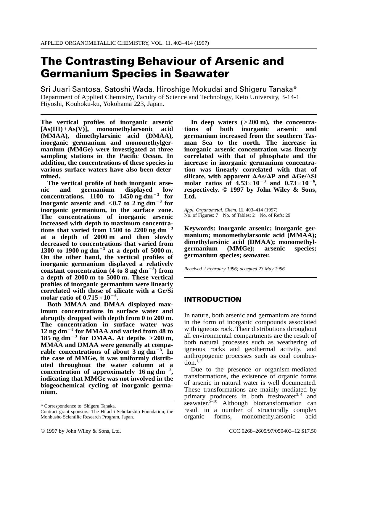 The Contrasting Behaviour of Arsenic and Germanium Species in Seawater by Unknown