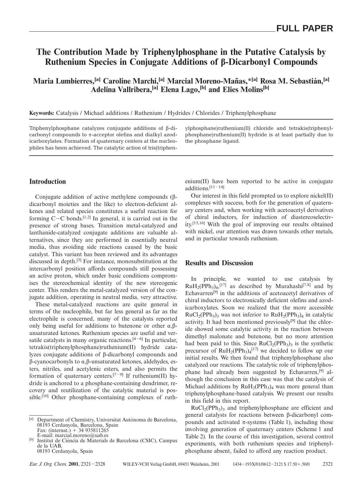 The Contribution Made by Triphenylphosphane in the Putative Catalysis by Ruthenium Species in Conjugate Additions of [bgr]-Dicarbonyl Compounds by Unknown