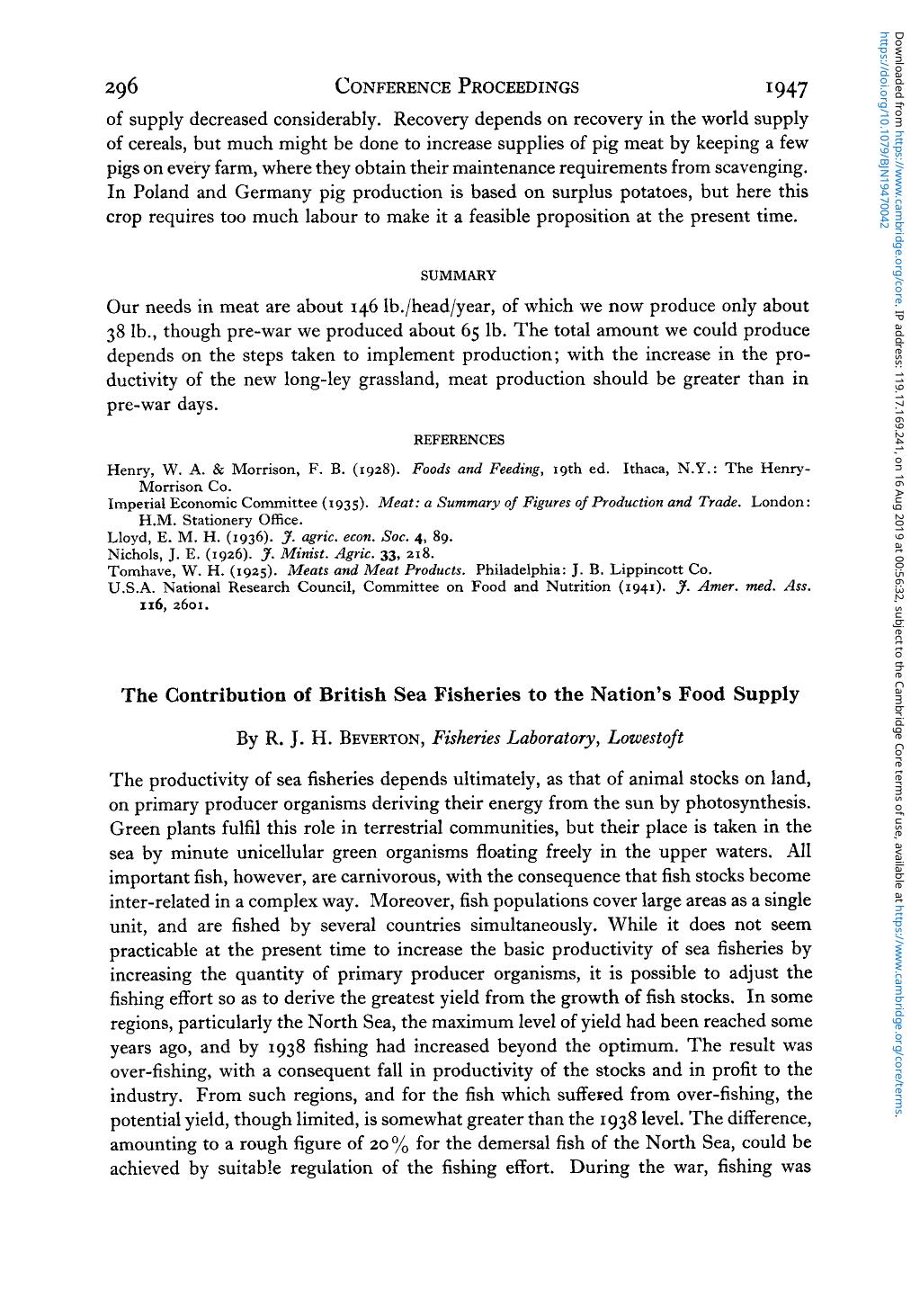 The Contribution of British Sea Fisheries to the Nation's Food Supply by R. J. H. Beverton