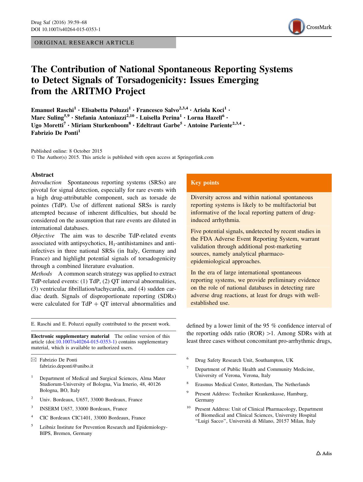 The Contribution of National Spontaneous Reporting Systems to Detect Signals of Torsadogenicity: Issues Emerging from the ARITMO Project by unknow
