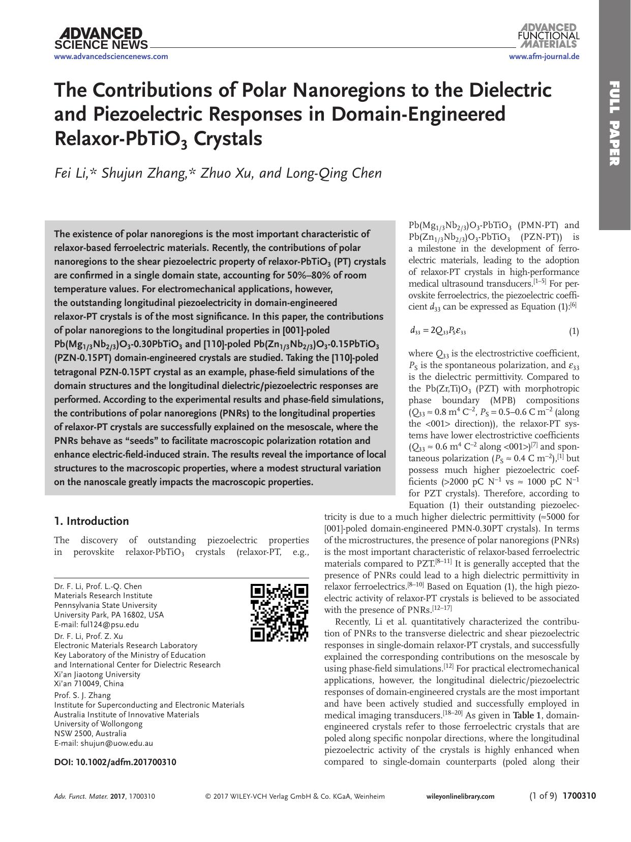 The Contributions of Polar Nanoregions to the Dielectric and Piezoelectric Responses in Domain‐Engineered Relaxor‐PbTiO3 Crystals by Unknown