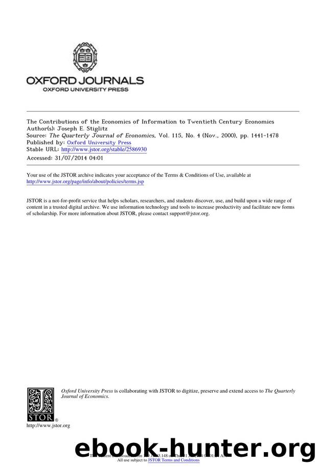 The Contributions of the Economics of Information to Twentieth Century Economics by The Contributions of the Economics of Information to Twentieth Century Economics