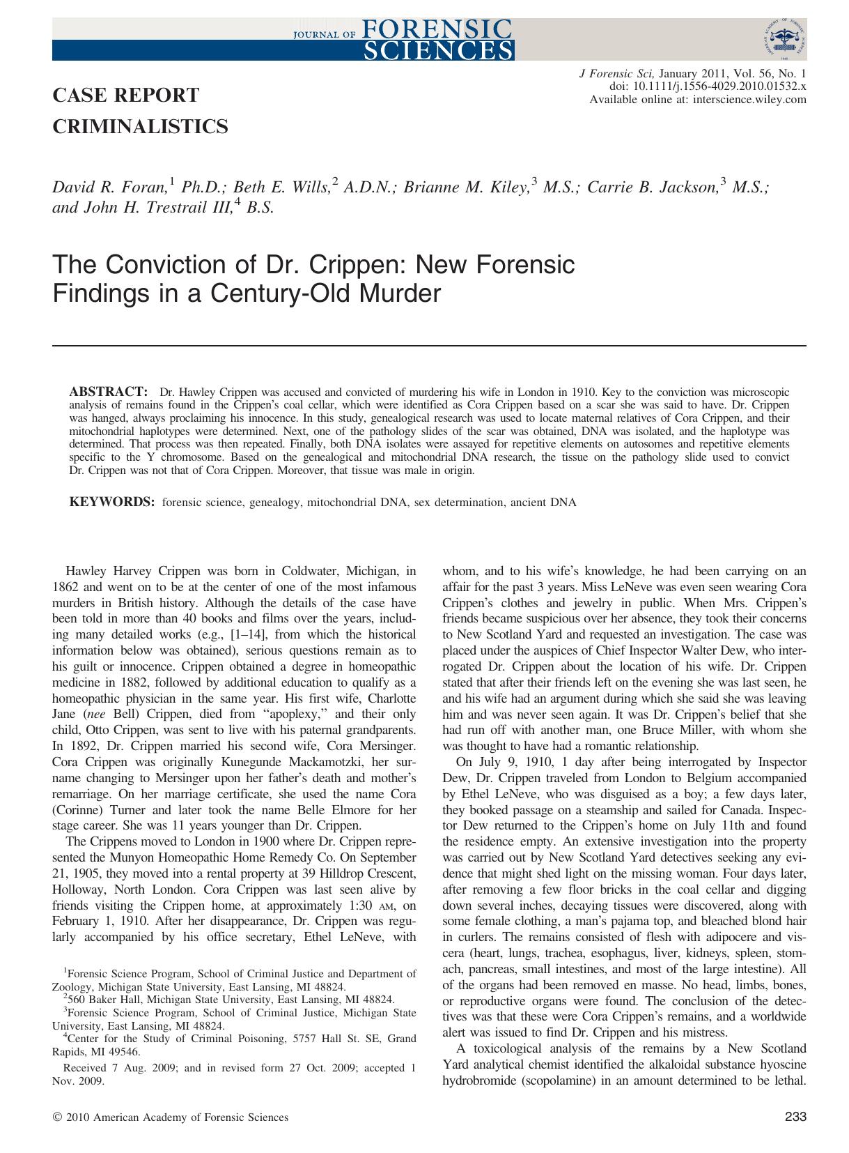 The Conviction of Dr. Crippen: New Forensic Findings in a CenturyOld Murder by Unknown