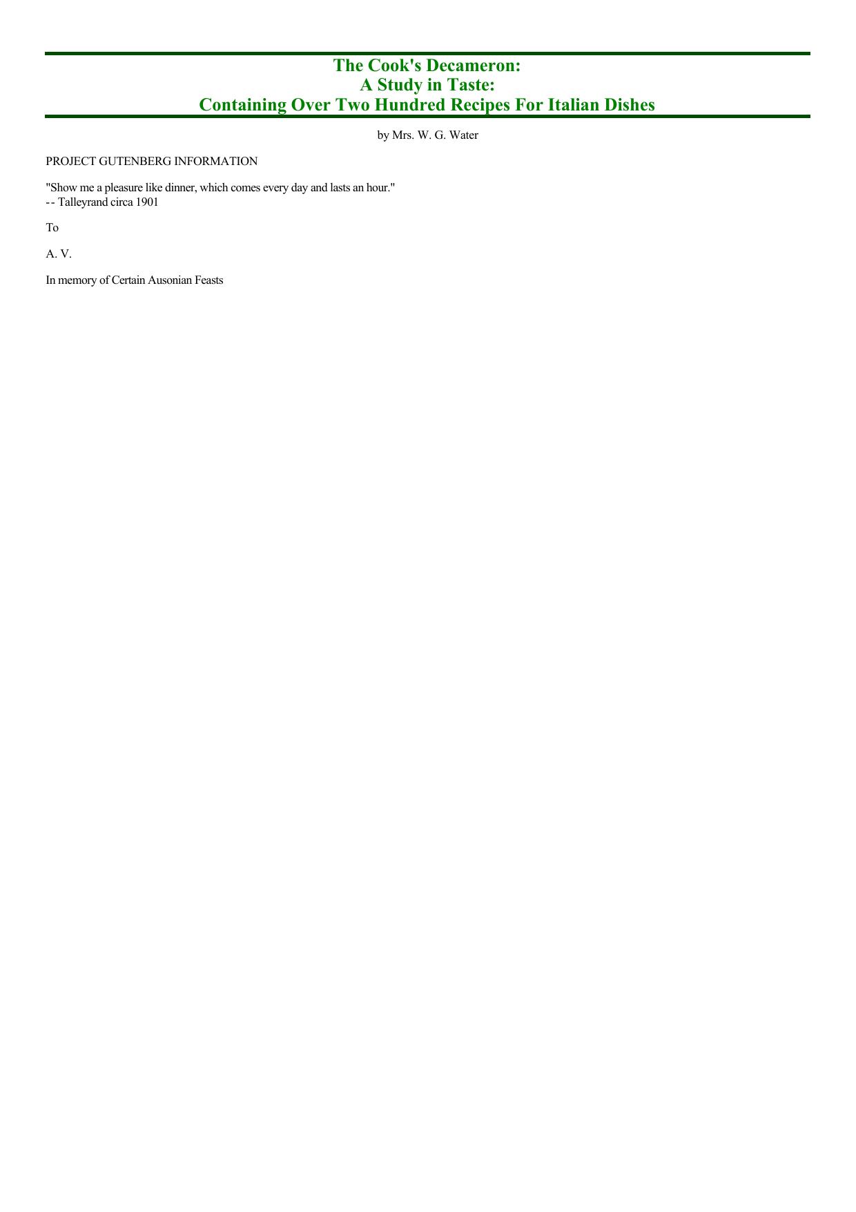 The Cook's Decameron: A Study in Taste: Containing Over Two Hundred Recipes For Italian Dishes by Mrs.W. G. Waters