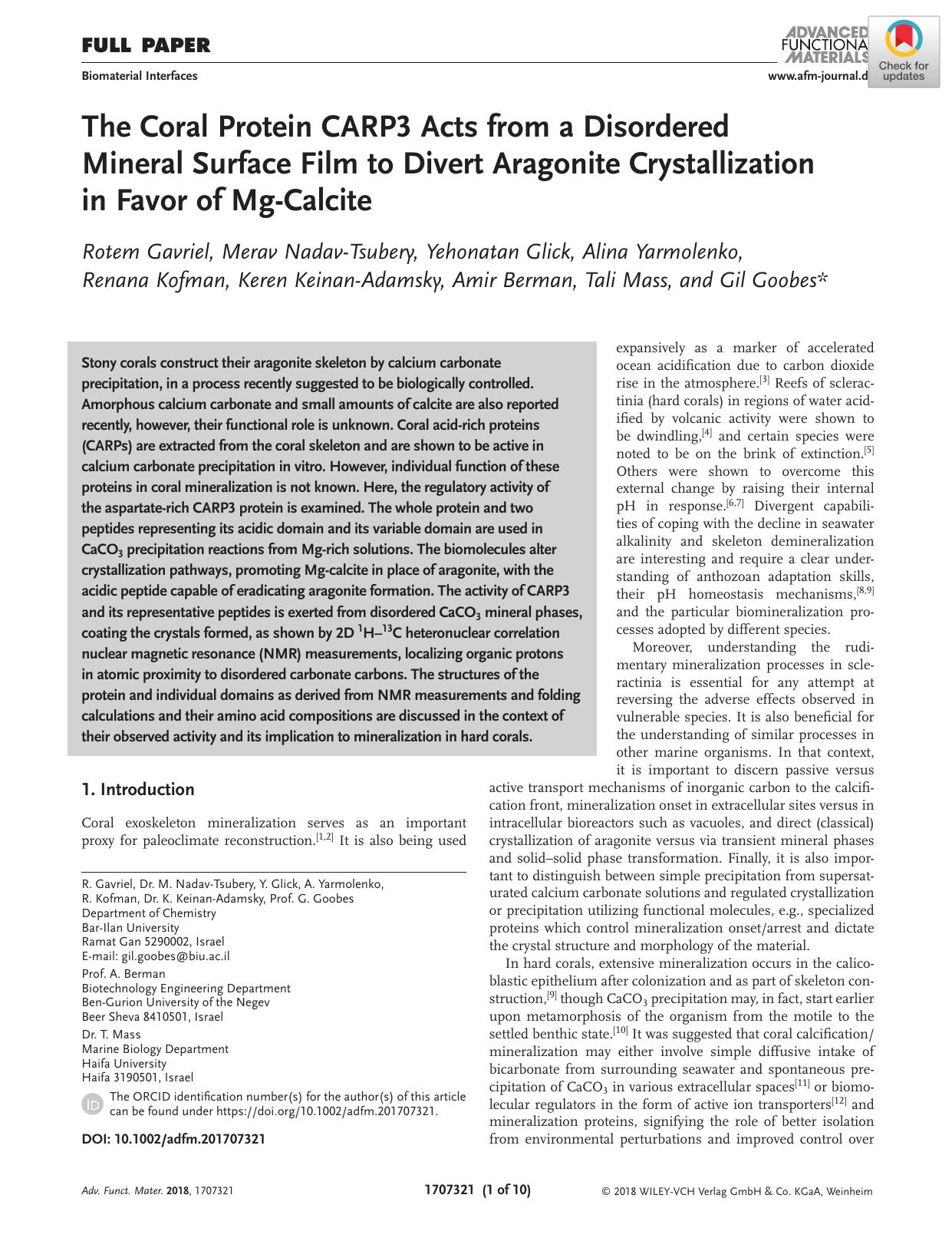 The Coral Protein CARP3 Acts from a Disordered Mineral Surface Film to Divert Aragonite Crystallization in Favor of MgâCalcite by Unknown