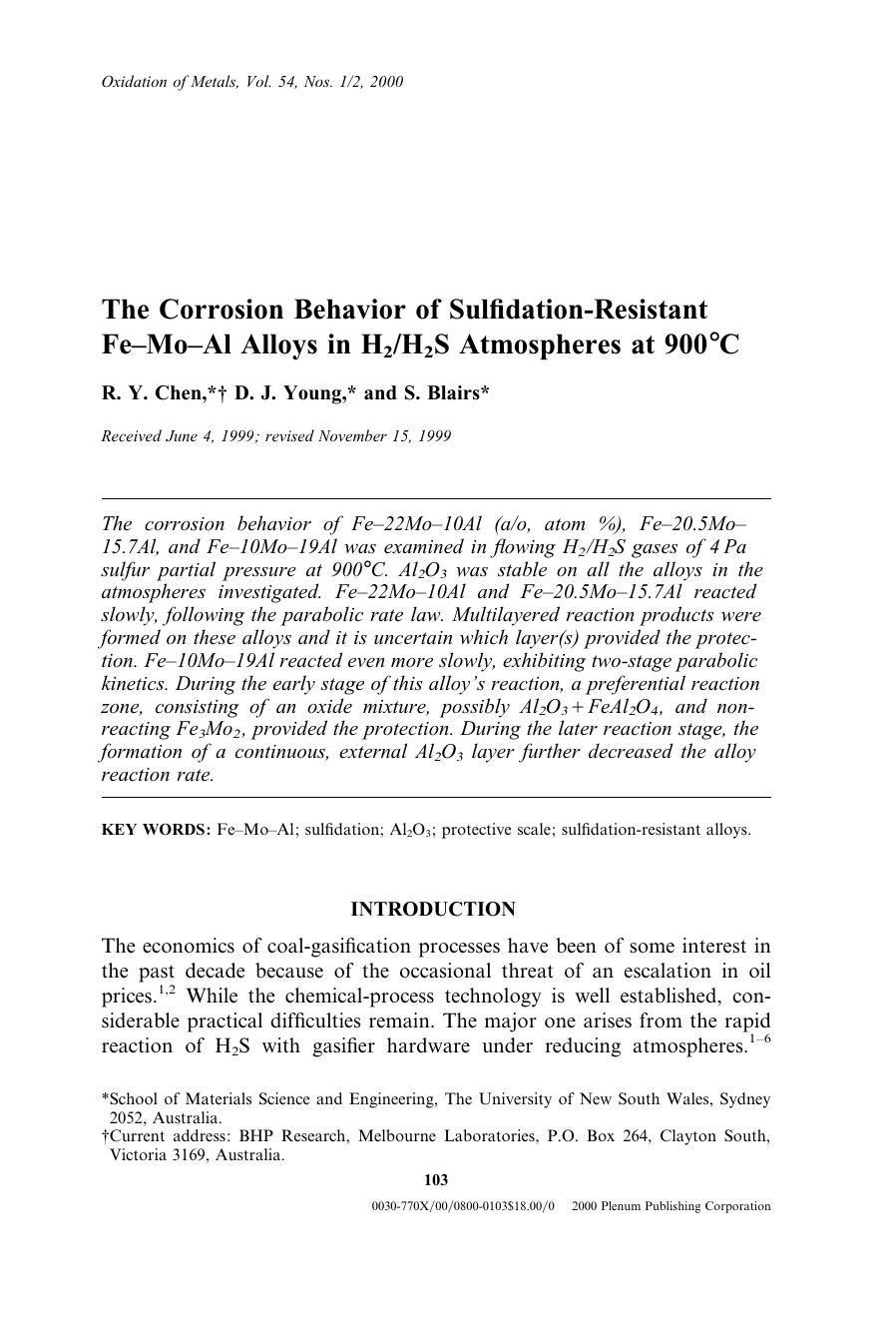 The Corrosion Behavior of Sulfidation-Resistant Fe&#x2013;Mo&#x2013;Al Alloys in H2H2S Atmospheres at 900&#x00B0;C by Unknown