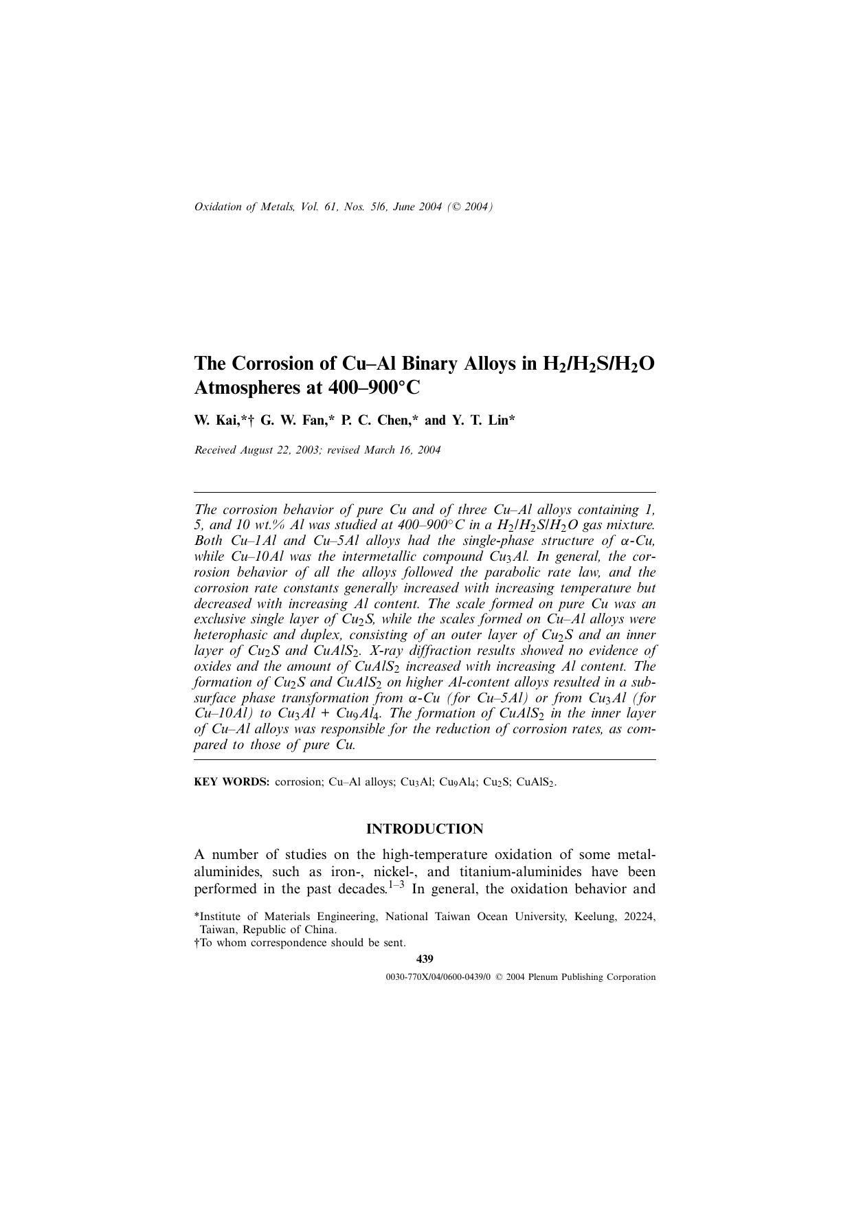 The Corrosion of Cu&#x2013;Al Binary Alloys in H<Subscript>2<Subscript>H<Subscript>2<Subscript>SH<Subscript>2<Subscript>O Atmospheres at 400&#x2013;900&#x00B0;C by Unknown