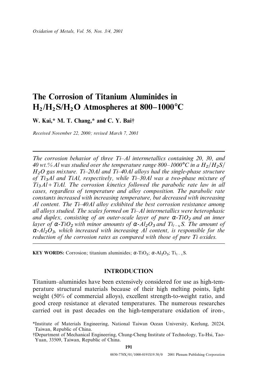 The Corrosion of Titanium Aluminides in H2H2SH2O Atmospheres at 800&#x2013;1000&#x00B0;C by Unknown